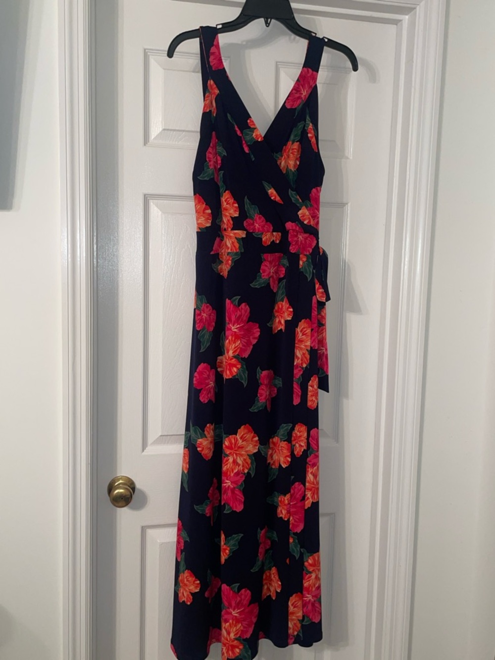 Market & Spruce Navy Floral Wrap Maxi Dress with Pink & Orange Blooms